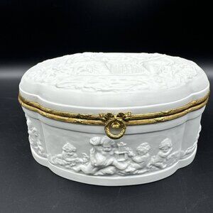 VTG Limoges Coquet White Bisque Porcelain Jewelry Casket Trinket Box Cherubs